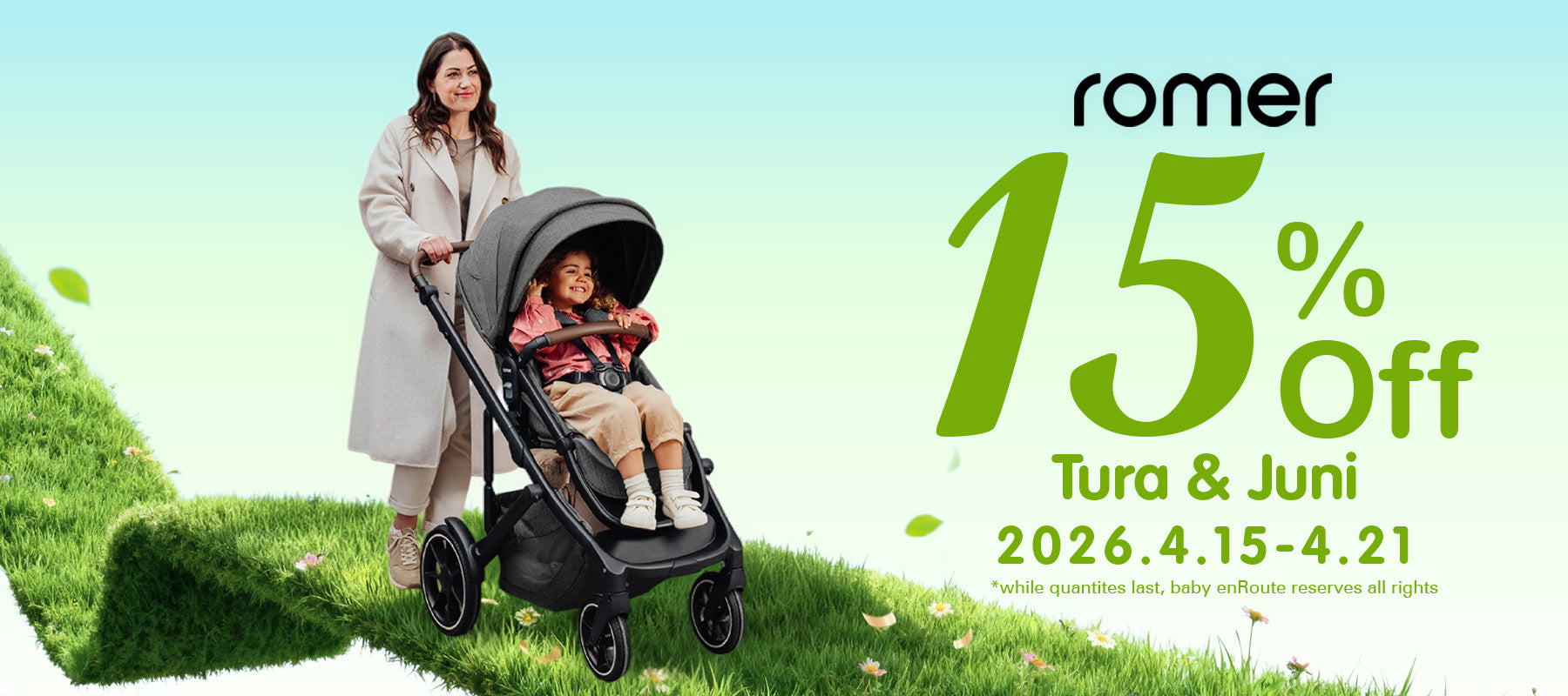 Romer Tura Stroller in Grey with toddler seat outdoor lifestyle vertical view
