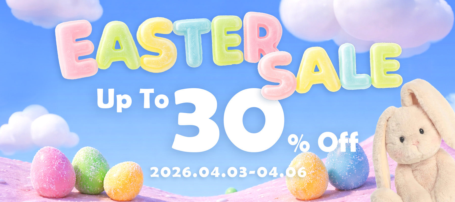 Easter Sale Pastel Letters with Bunny Plush and Colorful Eggs Promotional Banner Horizontal View