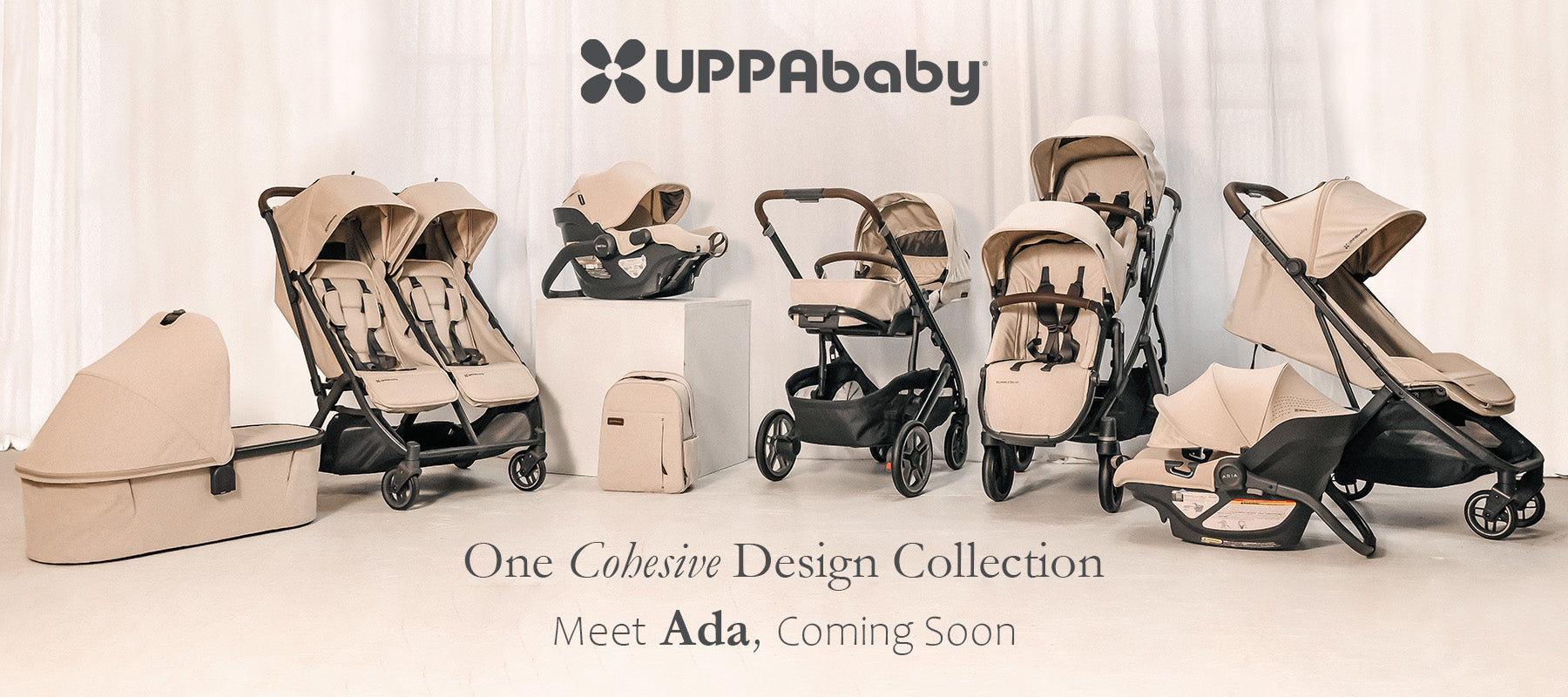 UPPAbaby Ada Collection Strollers and Car Seats in Beige Cohesive Design Lineup Horizontal View