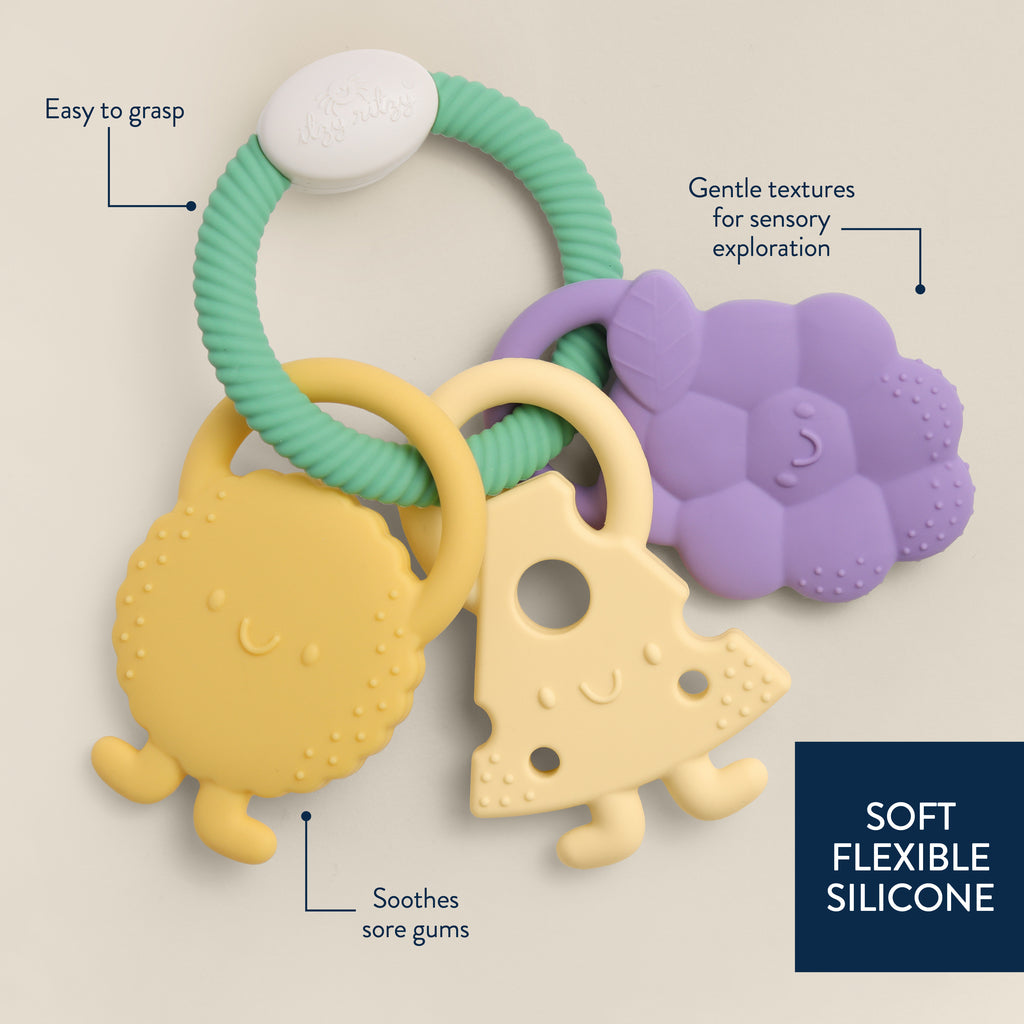 Close-up of Itzy Ritzy Itzy Trio Charcuterie teether textures for sensory exploration