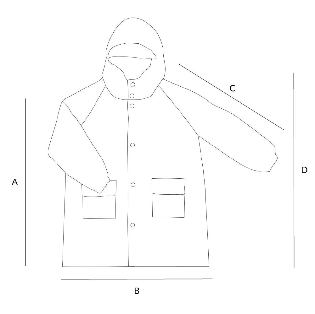 Line drawing of a hooded jacket with measurements labeled on a white background