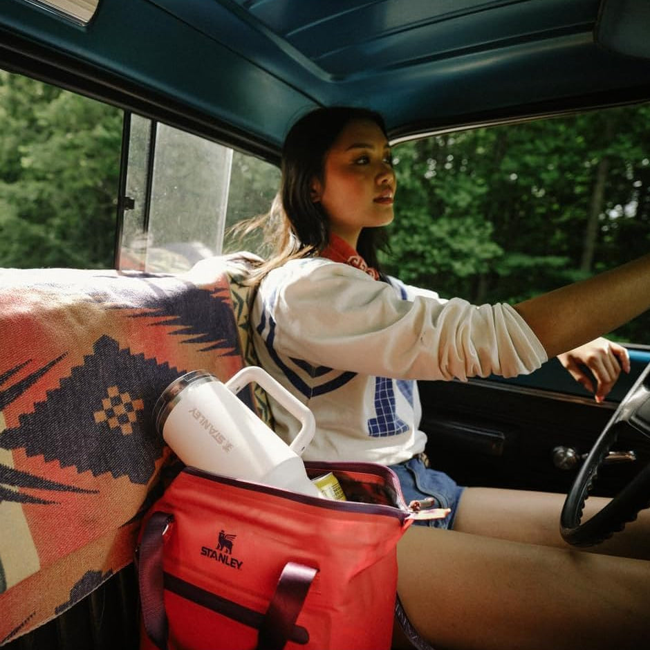 Person sitting inside a vehicle with a red cooler bag on a road trip