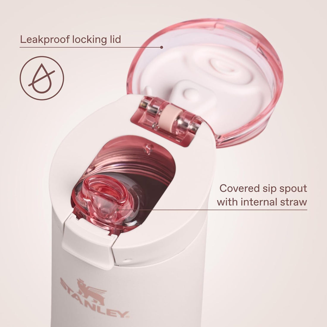 White water bottle with pink accents featuring a leakproof locking lid and covered sip spout with internal straw on a light beige background.