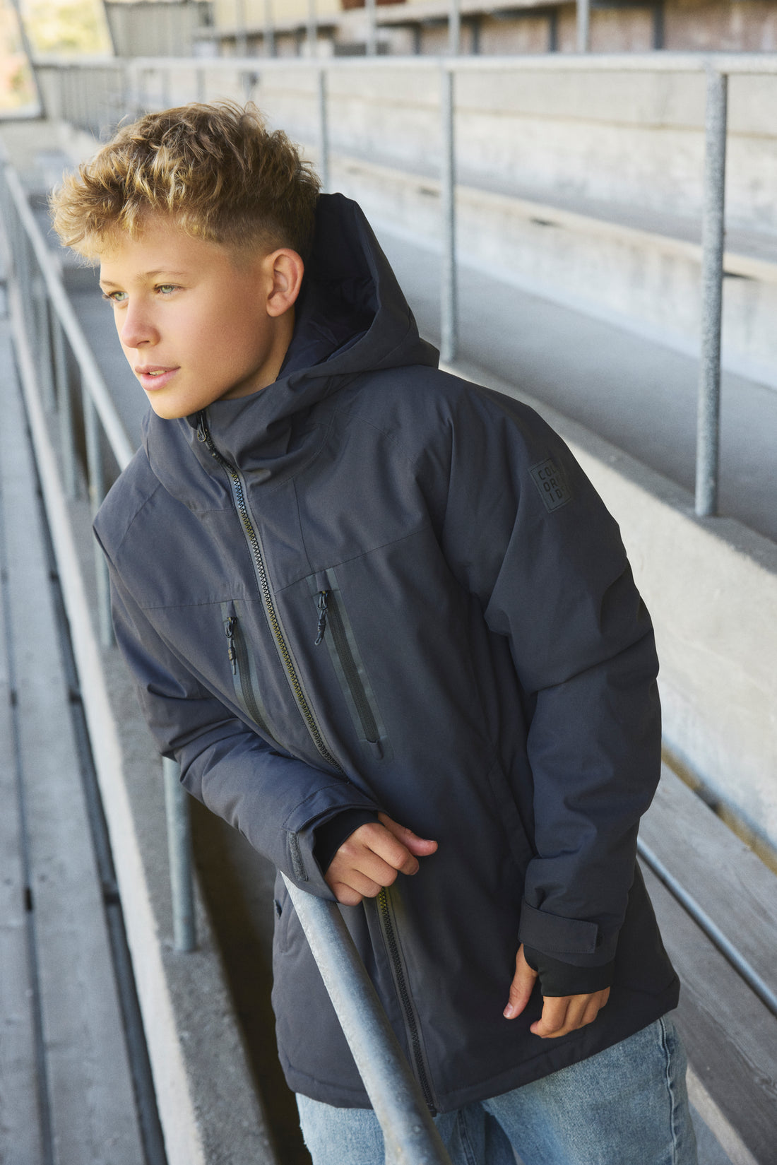 Color Kids junior jacket in Phantom — worn outdoors, front view