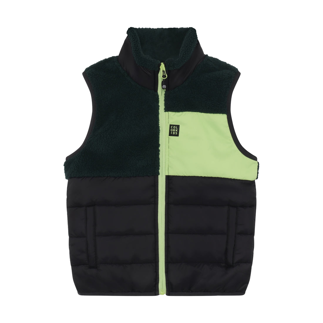 Color Kids quilted teddy vest in Green Gables — front with textured and quilted panels