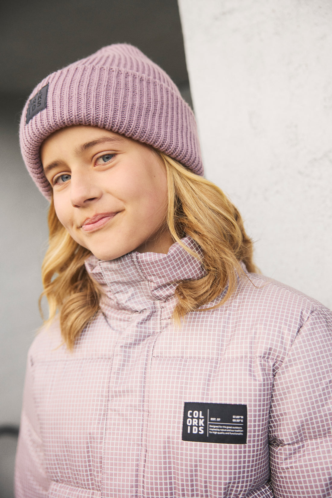 Color Kids Wool Beanie Toadstool front detail worn outdoors