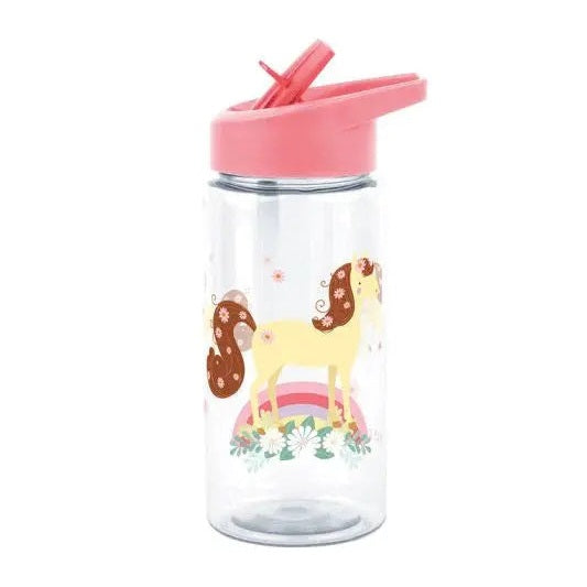 A Little Lovely Company Drink Bottle with pink flip-top lid open, clear body shows a pony design.