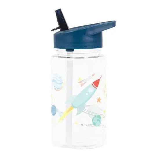 A Little Lovely Company Drink Bottle with blue flip-top lid and straw, clear bottle with rocket print.