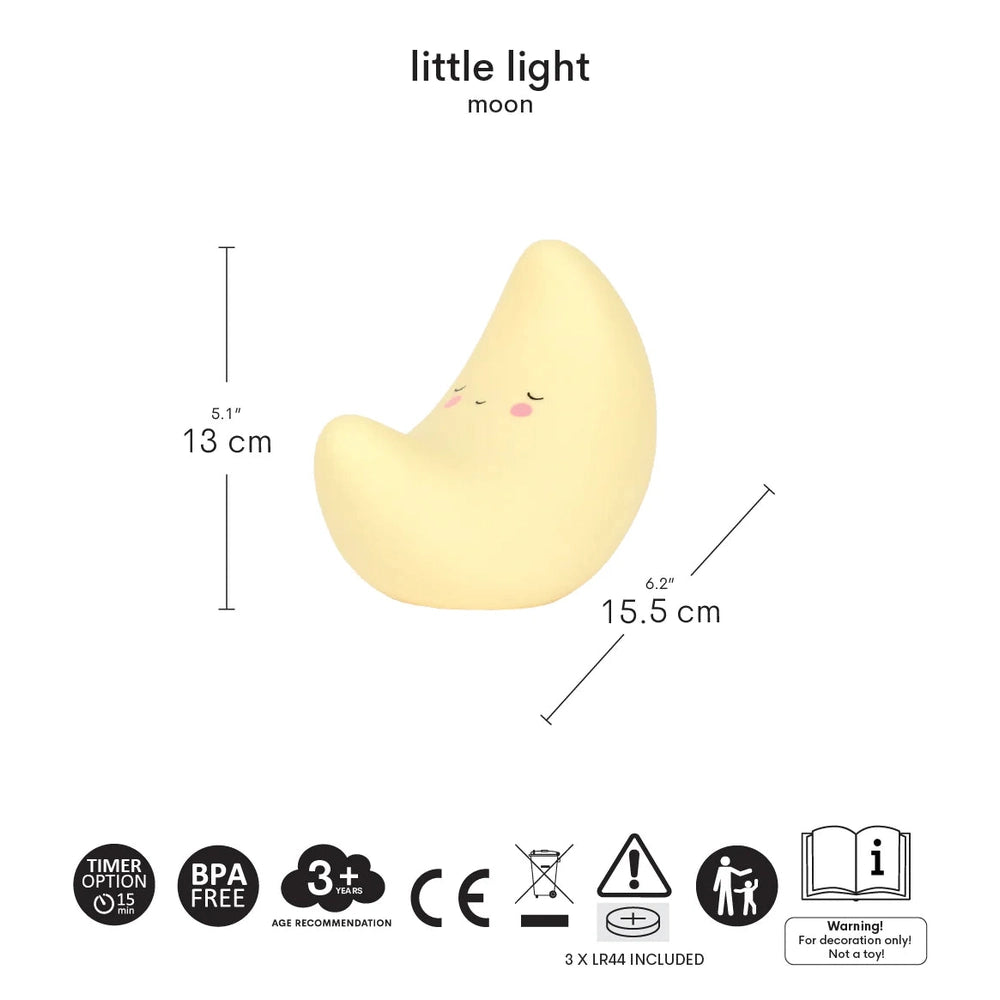 A Little Lovely Company Moon light night light, pale yellow crescent with sleepy cheeks, 13 cm tall