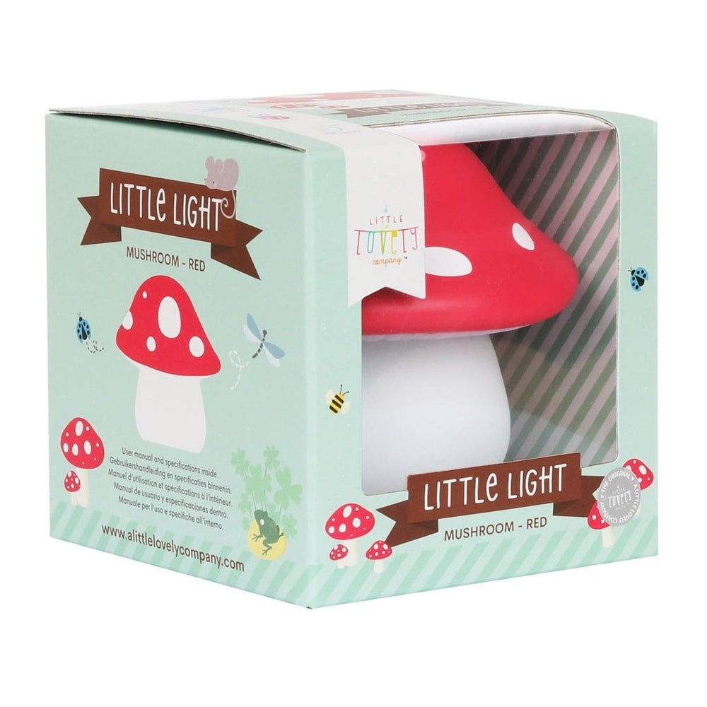 A Little Lovely Company mushroom night light, red cap with white spots and white base