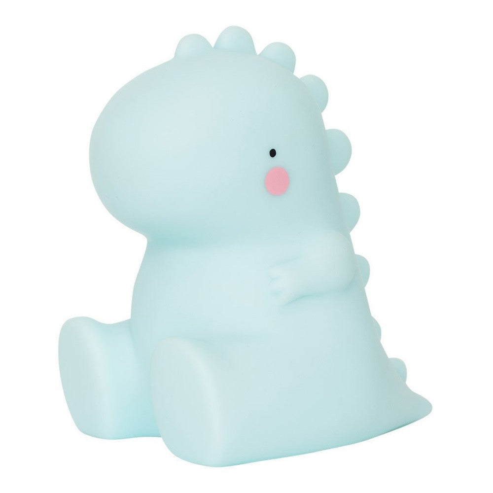 Little Night Light T-Rex by A Little Lovely Company, pale blue with pink cheeks, sitting upright.