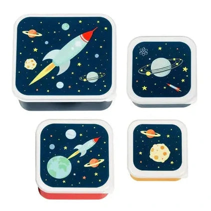 A Little Lovely Company Lunch & Snack Box Set with space rocket and planet designs; four colorful lunch boxes.