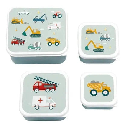 A Little Lovely Company Lunch & Snack Box Set, four pastel blue boxes showing construction vehicles on lids.