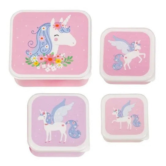 A Little Lovely Company Lunch & Snack Box Set: four pink unicorn-themed containers with white lids shown together.