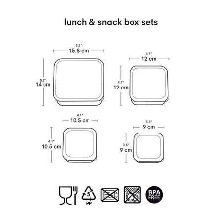 A Little Lovely Company Lunch & Snack Box Set: four white BPA-free containers of varying sizes shown with measurements.