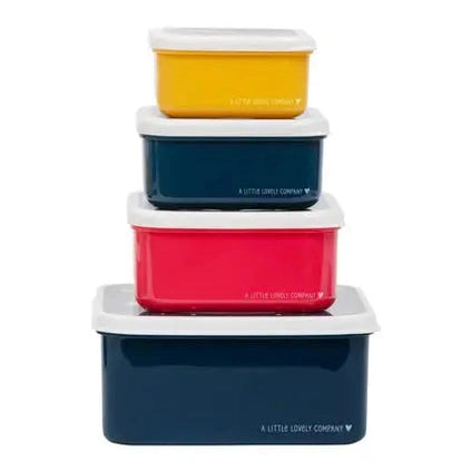 A Little Lovely Company Lunch & Snack Box Set stacked in yellow, teal, pink, navy with white lids for compact storage.