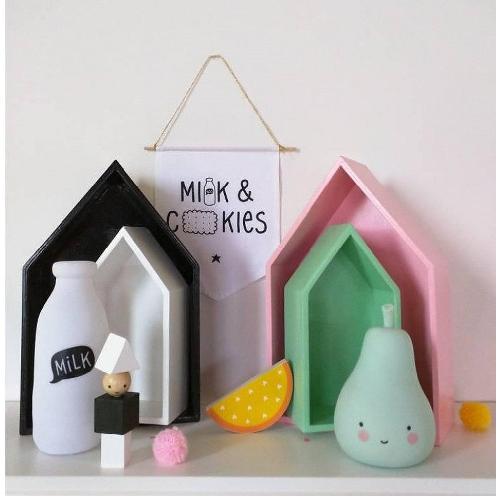 A Little Lovely Company Mini Milk Light white milk bottle night light with pastel pink and mint decor and decorative houses