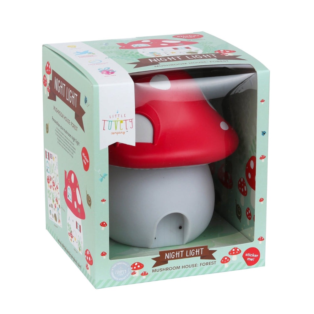 Night light mushroom by A Little Lovely Company; red cap, white base, cozy ambient lighting.