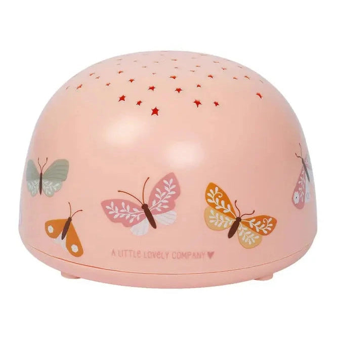 A Little Lovely Company Projector Night Light pink dome with butterfly decals, top star projector holes project stars.