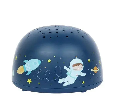 A Little Lovely Company Projector Night Light, blue helmet with astronaut and rocket among stars, casting a soft glow.