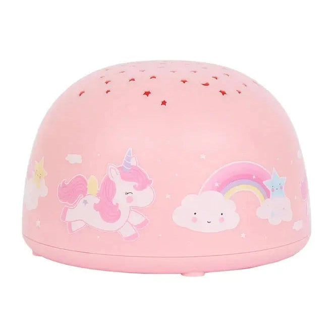 A Little Lovely Company projector night light in pink with unicorn, clouds and rainbow, glowing softly.