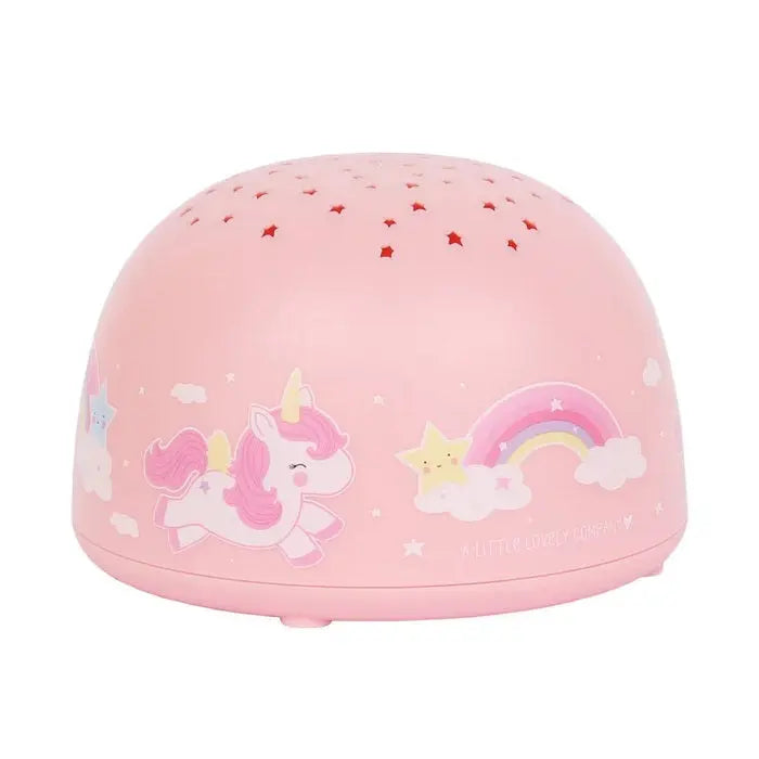 A Little Lovely Company Projector Night Light pink dome with unicorn and rainbow, softly projecting stars.