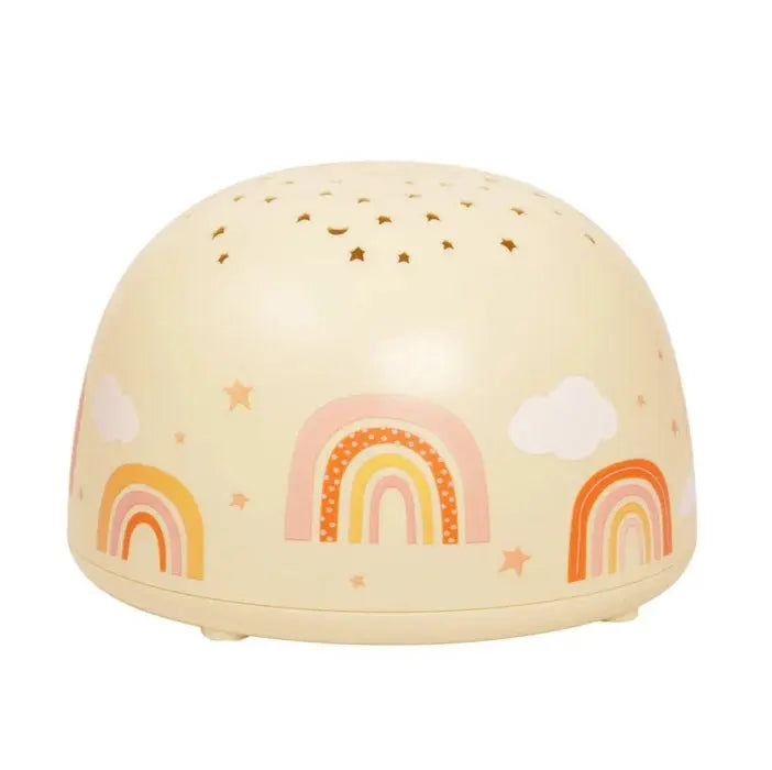 A Little Lovely Company Projector Night Light, cream dome with pastel rainbows and starry top perforations.