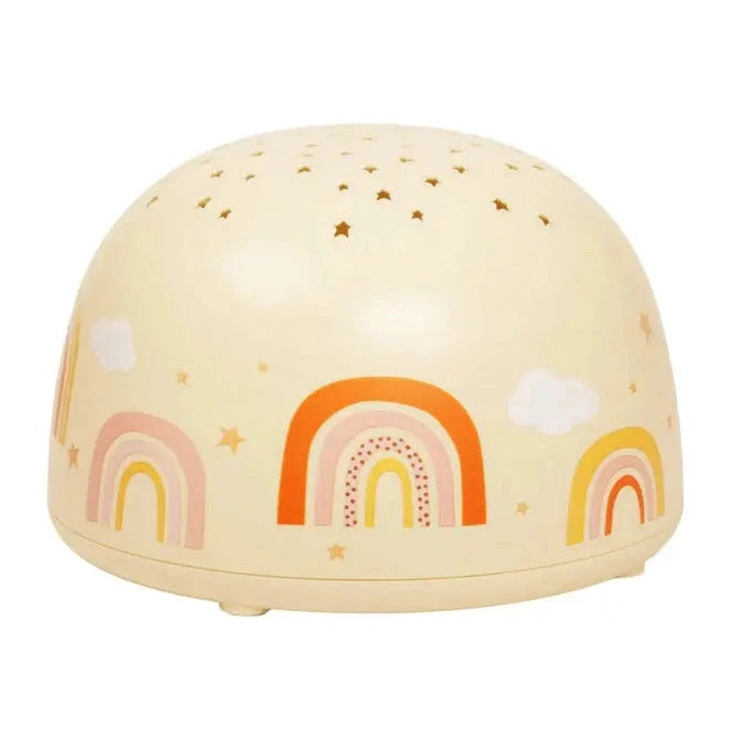 A Little Lovely Company Projector Night Light: cream dome with pastel rainbows and stars, softly projecting bedtime light.