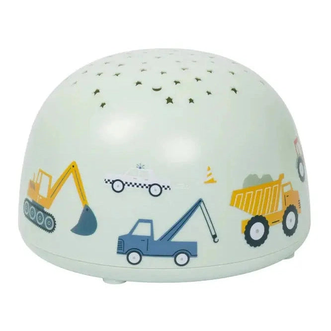 A Little Lovely Company Projector Night Light dome in soft white with construction vehicles, projecting a gentle starry glow.