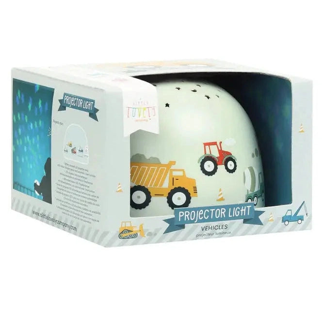 Projector Night Light by A Little Lovely Company, white globe with colorful construction vehicles, in its box.