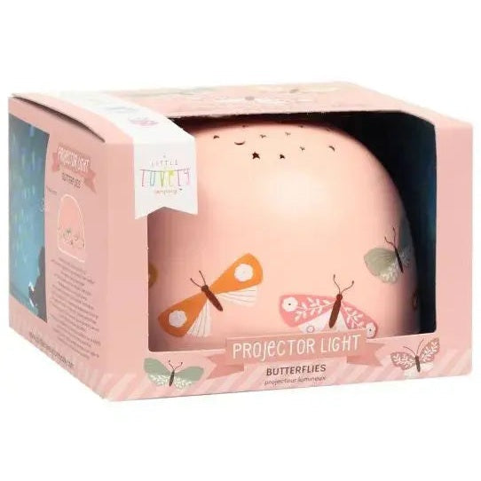 A Little Lovely Company Projector Night Light, pink round lamp with butterfly motif, projecting stars.