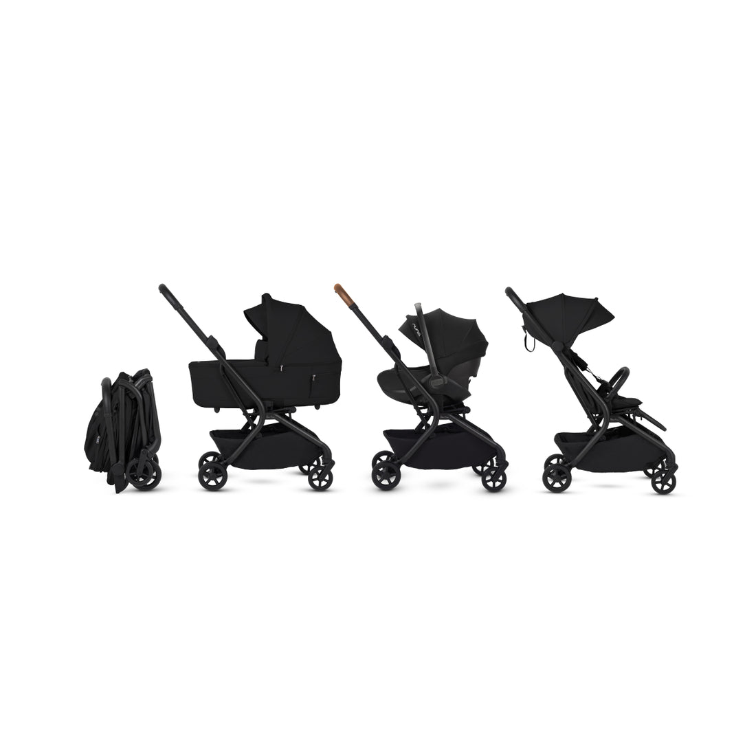Silver Cross Nia in Black in folded, optional Pod, PIPA travel-system and stroller modes; Pod sold separately