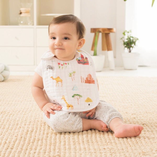 Aden+Anais Around the World 3-pack snap bibs; white with colorful world-map prints for babies