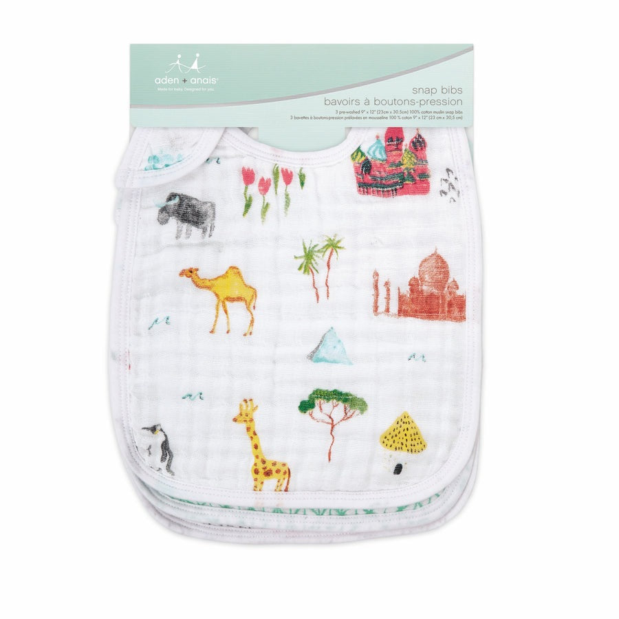 Aden+Anais Around the World 3-pack snap bibs; white muslin with colorful world-map motifs, 3 bibs