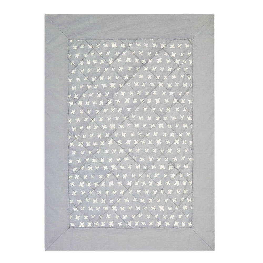 Aden + Anais Embrace Cross-Hatch Weighted On-The-Go Blanket in gray with white cross-hatch pattern and wide gray border