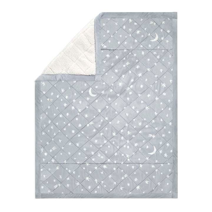 Aden+Anais Embrace weighted toddler blanket, Winter Sky; light blue quilt with moons and stars, sherpa lining