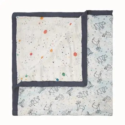 Aden+Anais Silky Soft Dream Blanket folded to reveal white fabric with colorful speckles and navy trim for baby bedding.