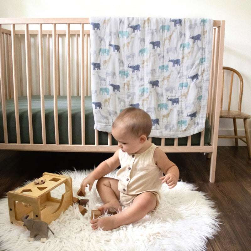 Aden+Anais Silky Soft Dream Blanket Expedition elephants and giraffes, baby on fluffy white rug