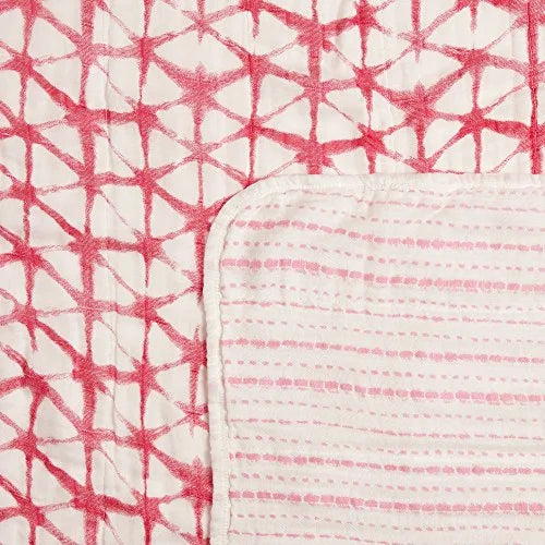 Aden+Anais Silky Soft Stroller Blanket Berry Shibori, pink geometric print with a pink striped reverse visible.