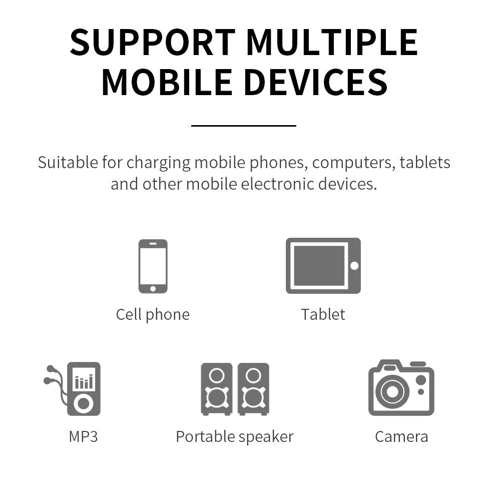 Airwheel power bank with USB charging; supports cell phones, tablets, MP3 players, speakers, and cameras