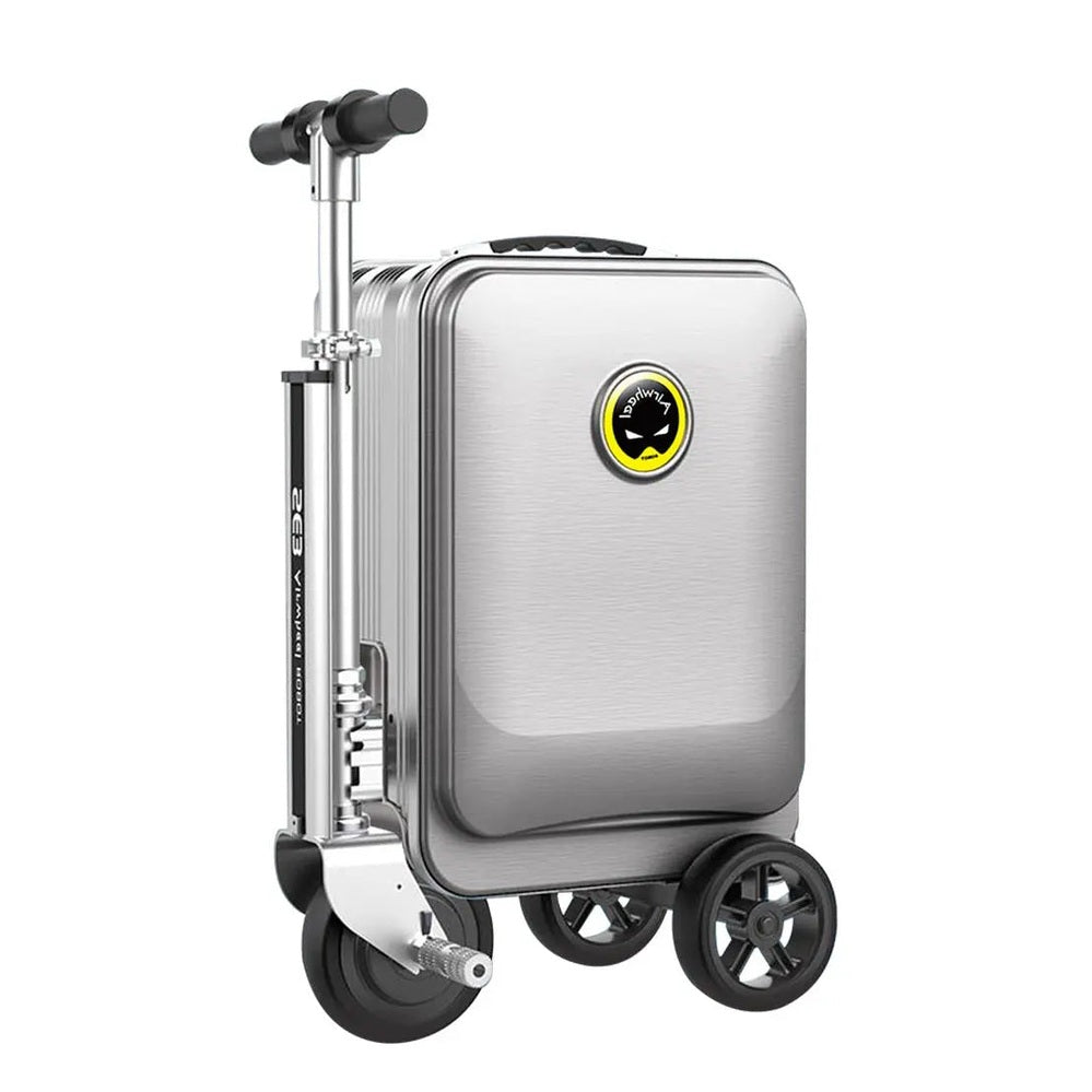 Airwheel Se3S smart riding luggage carry-on, silver suitcase with upright scooter-style handle and bold wheels