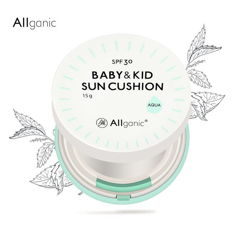 Allganic Baby & Kid Sun Cushion Aqua SPF30+ compact sunscreen for kids, aqua-tinted cushion