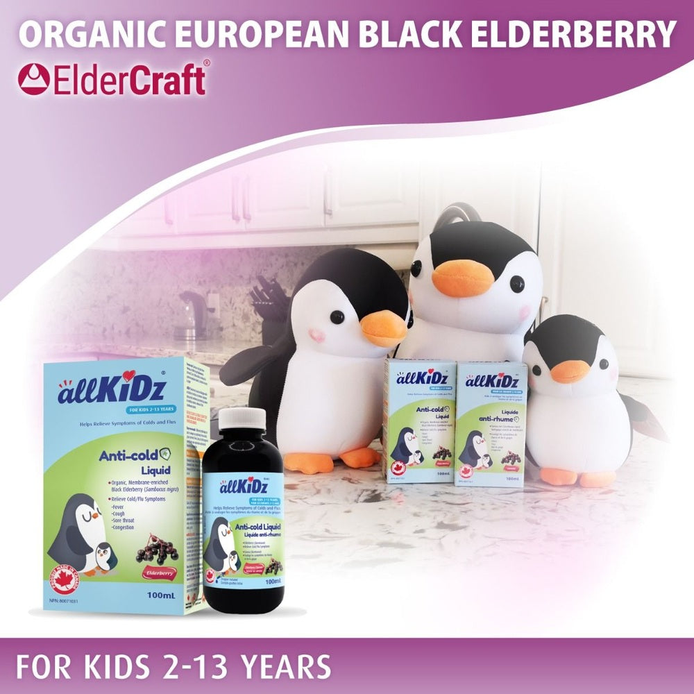Allkidz Anti-Cold Elderberry Liquid 100 ml bottle with boxes and penguin plush toys