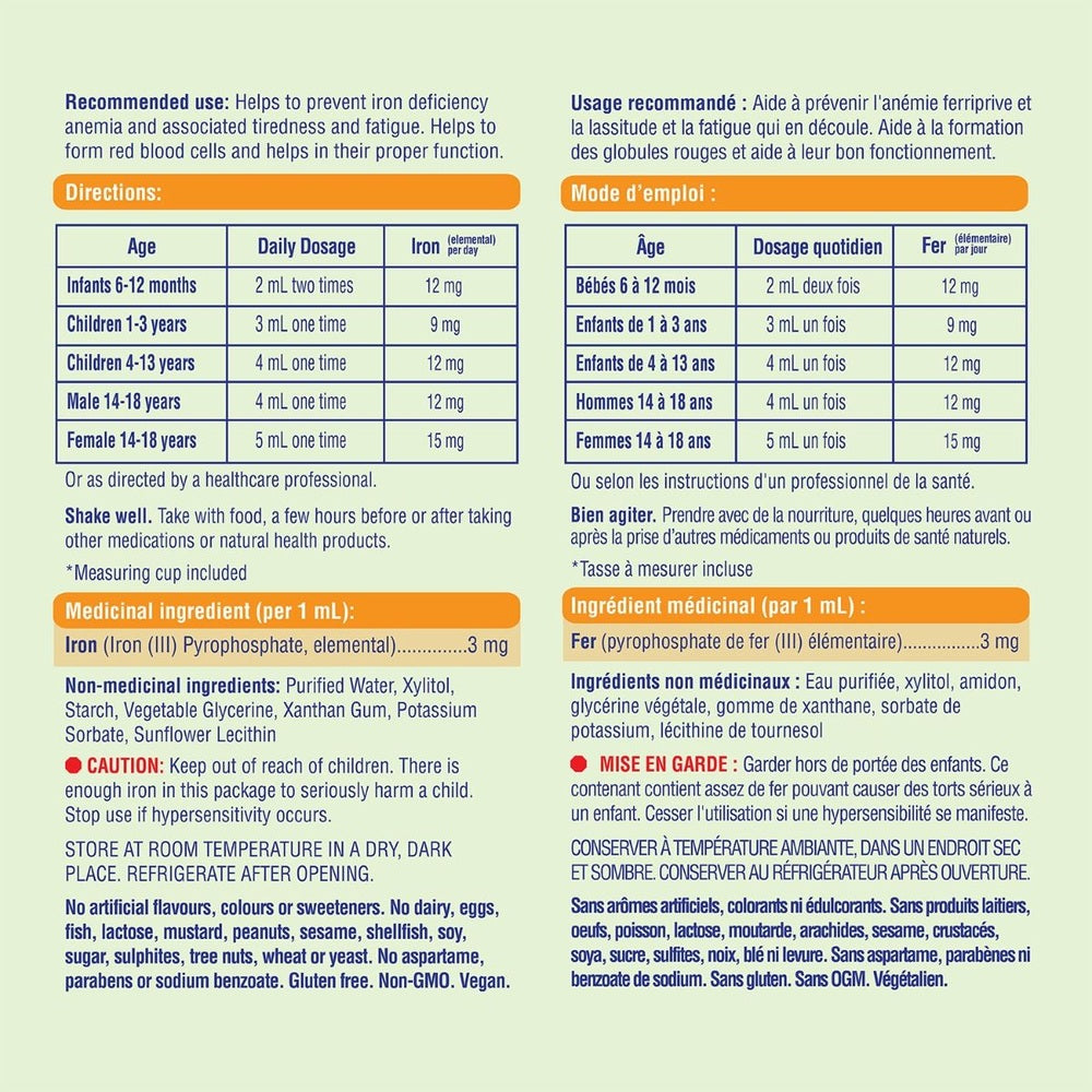 Allkidz Bioactive Iron Liquid 100 ml for kids with an age-based daily dosage chart
