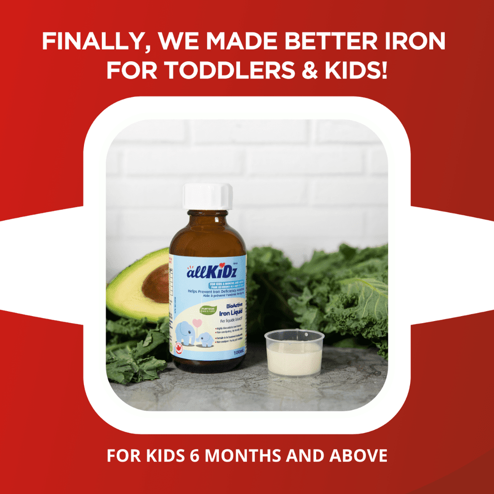 AllKidz Bioactive Iron Liquid 100 ml bottle shown with a measuring cup, promoting kids' iron supplement.