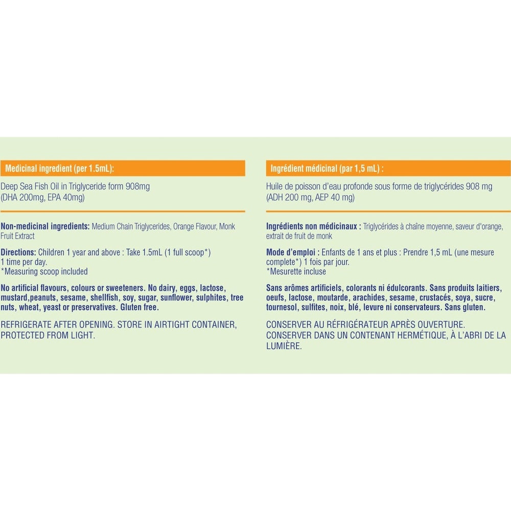 Allkidz DHA Fish Smart 90 ml bottle, orange medicinal ingredient panel