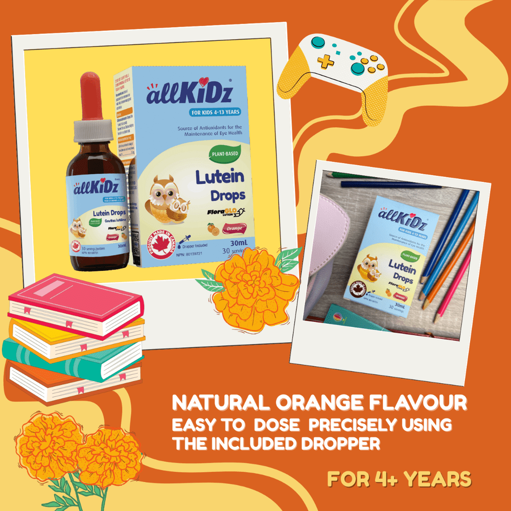 ALLKIDZ Lutein Drops 30 ml bottle with dropper beside its box, natural orange flavour for kids 4+ years.