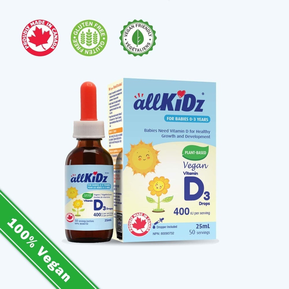 AllKidz Lutein Drops 30 ml bottle next to blue baby Vitamin D3 Drops box; 100% vegan, plant-based supplement.