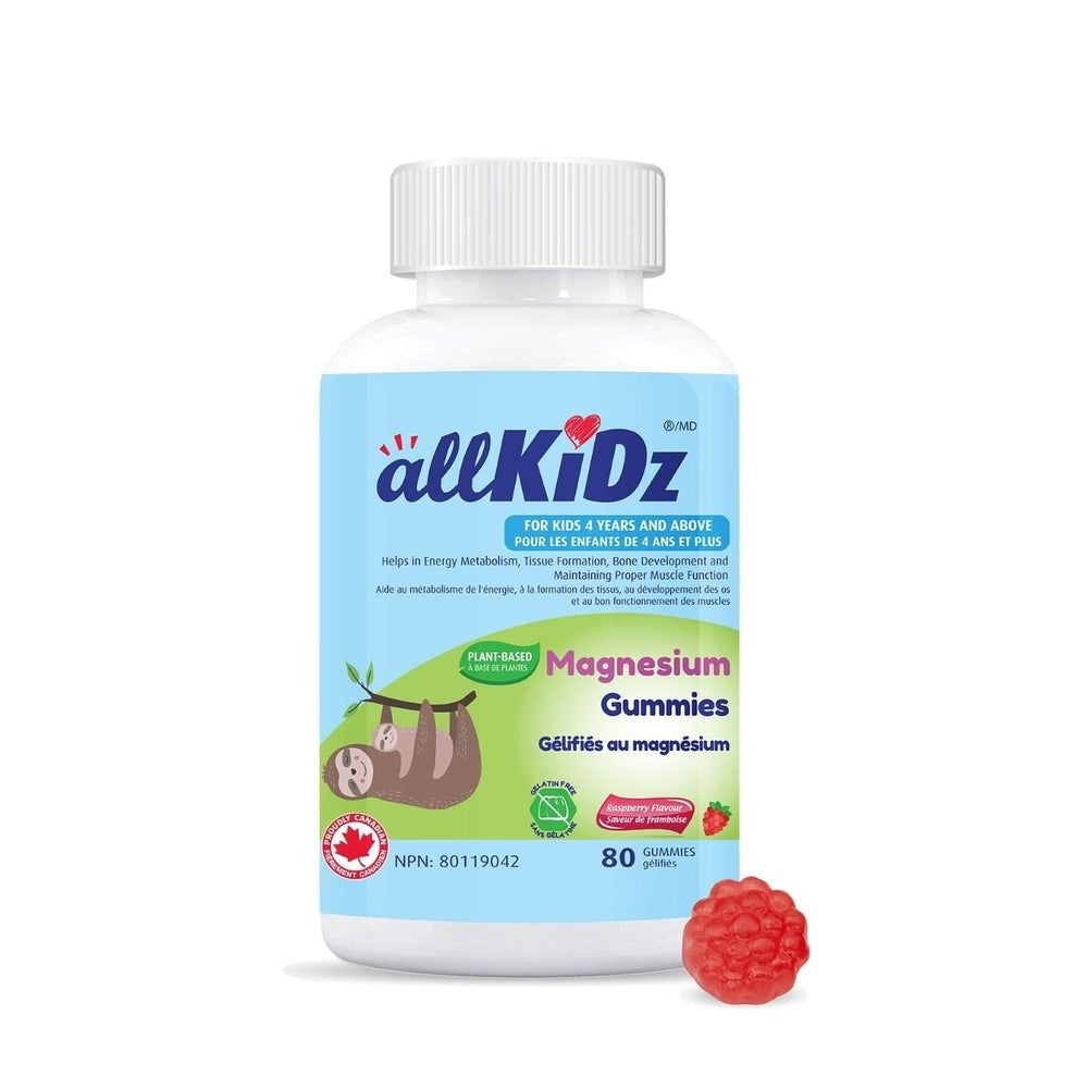 Allkidz Magnesium Gummies bottle for kids 4+, raspberry flavor, 80 gummies