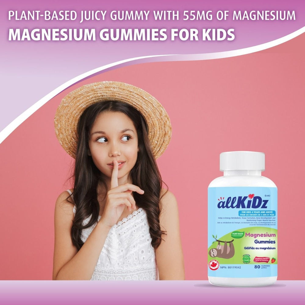 Allkidz Magnesium Gummies 80s bottle beside a girl in a straw hat on pink background, kid-friendly health supplement